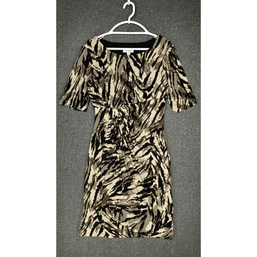 Dressbarn Tiger Print Faux Wrap Dress Women's 10 Half Sleeve Knee Length Rouched